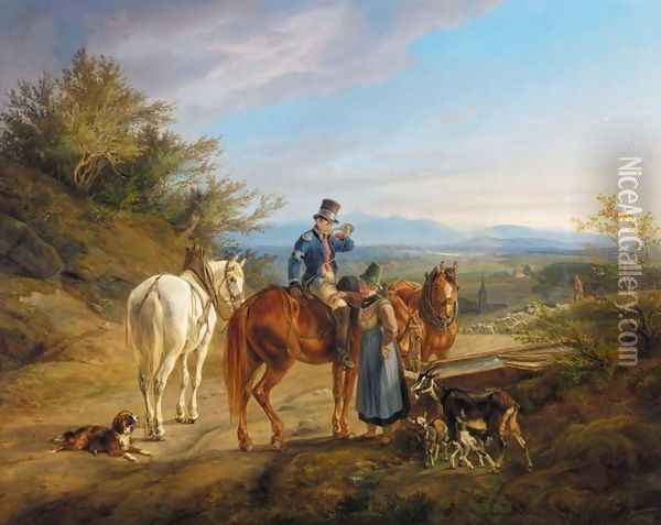 Halt on a Country Road (Rastender Reiter) Oil Painting - Albrecht Adam