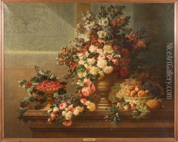 Coupes De Fruits Et De Fleurs Sur Une Entablement Oil Painting - Edmond De Koninck