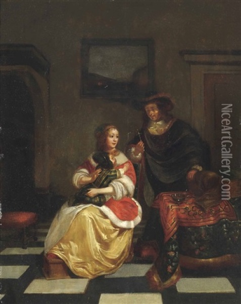 An Elegant Couple With A Child In An Interior Oil Painting - Gabriel Metsu