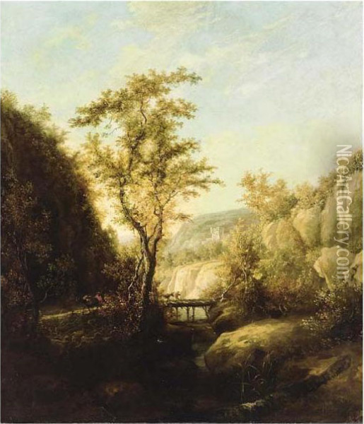 A Mountainous Landscape With Travellers On A Bridge Oil Painting - Jan Both