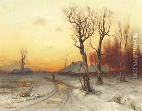 Winter snowcovered farms at dusk Oil Painting - Iulii Iul'evich (Julius) Klever