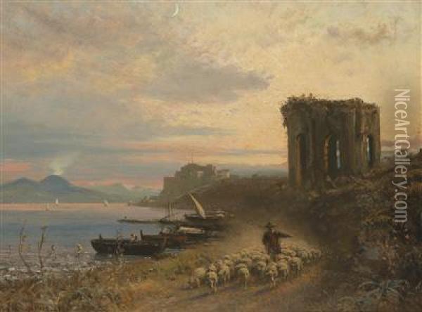 Italian Coastal Scenery With A Shepherd And His Sheep Oil Painting - Albert Arnz