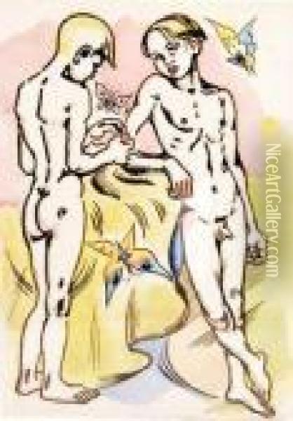 Two Nude Boys Withdraped Cloth And Butterflies Oil Painting - Albert Wainwright