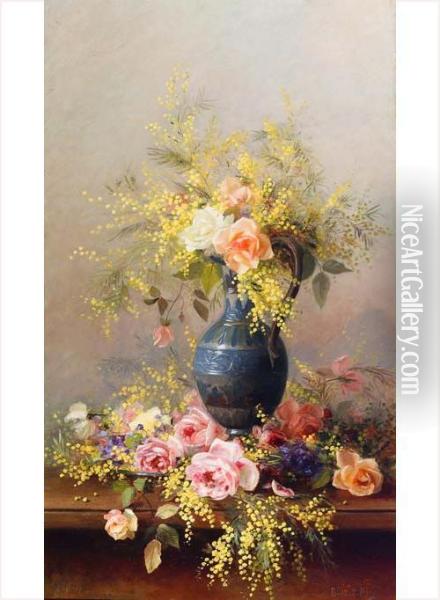 Violettes Roses Et Mimosas Oil Painting - Marthe Elisabeth Barbaud-Koch