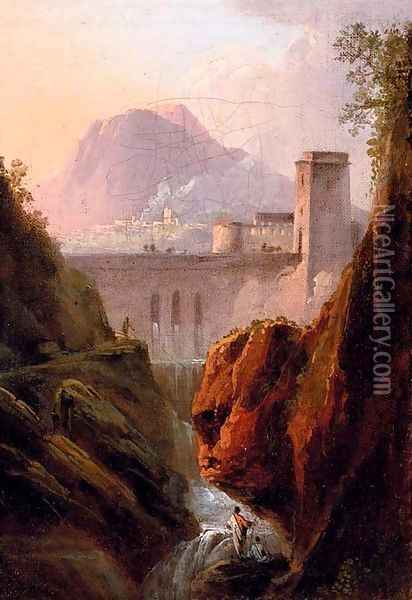 A capriccio with figures by a waterfall, a dam beyond Oil Painting - Jean-Joseph-Xavier Bidauld