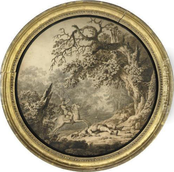 Wooded Landscape With A Horseman And A Fallen Soldier
; And 
A Brigand Attacking A Soldier Oil Painting - John James Barralet