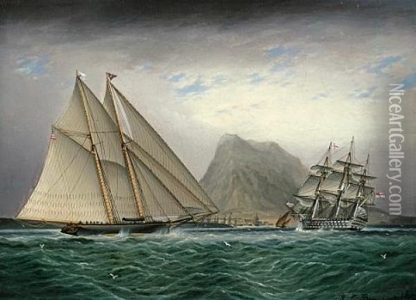 A Schooner And A Barque Sailing Into A Harbor Oil Painting - James Edward Buttersworth