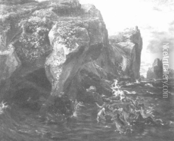 Triton, Mermaids And Women At An Ocean Cave (opera Scene?) Oil Painting - Josef Hoffmann