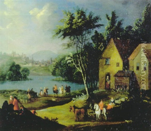 Flusslandschaft Mit Pferdefuhrwerk Und Reitern Oil Painting - Pieter Bout