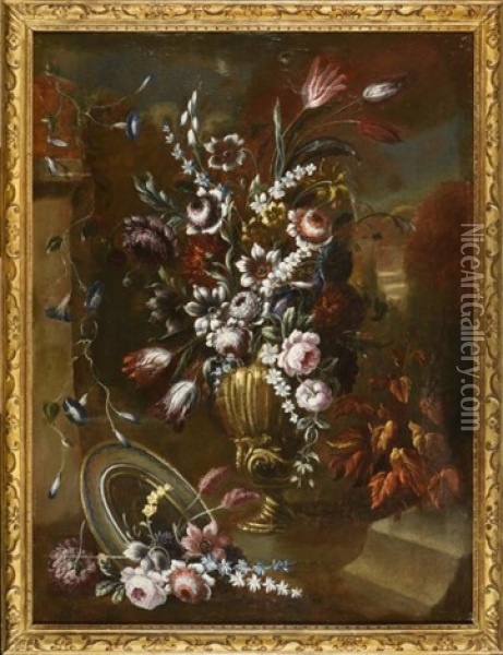 Bouquet De Fleurs Dans Un Vase, Pres D'une Fontaine ; Bouquet De Fleurs Dans Un Vase Devant Un Paysage (2 Works) Oil Painting - Gasparo Lopez