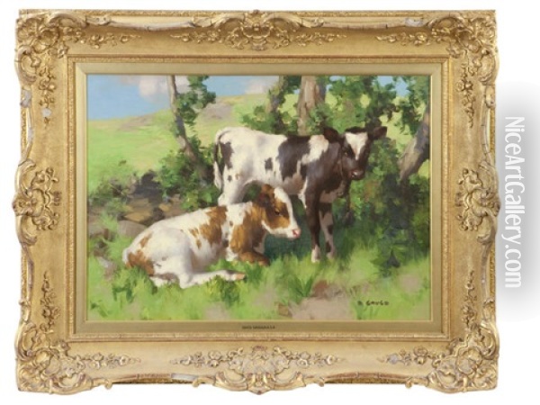 Two Calves In Shade Oil Painting - David Gauld