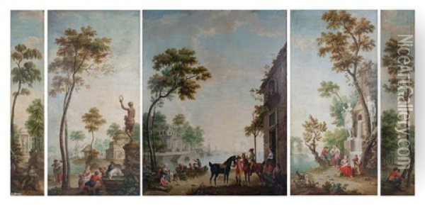 Figurant Des Scenes De Parc Et De Port Animees (set Of 5) Oil Painting - Pieter Norbertus Van Reysschoot