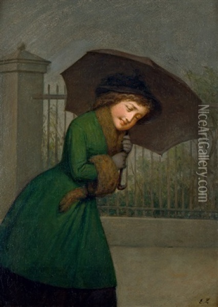 Regenwetter - Junge Frau Mit Pelzbesetztem Mantel Und Regenschirm Eine Promenade Entlang Laufend Oil Painting - Edvard Lehmann