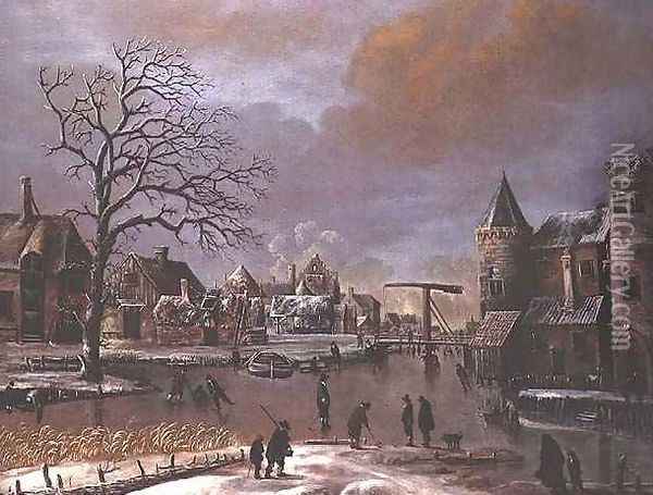 Skaters on a frozen canal Oil Painting - Thomas Heeremans