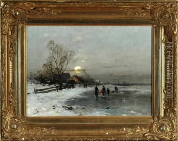 Dorf In Weiter Winterlandschaft Mit Personen Auf Dem Eis Oil Painting - Anton Windmaier the Elder
