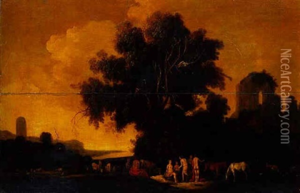 An Arcadian Landscape With Nymphs Resting At The Foot Of A Tree Oil Painting - Dirk Dalens the Elder