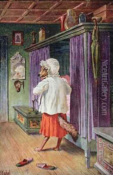 Postcard depicting the wolf disguised as Little Red Riding Hoods grandmother Oil Painting - Otto Kubel