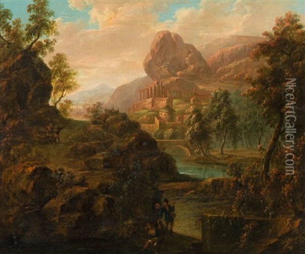 Southern River Landscape With Antique Ruins Oil Painting - Jan Frans van Bloemen
