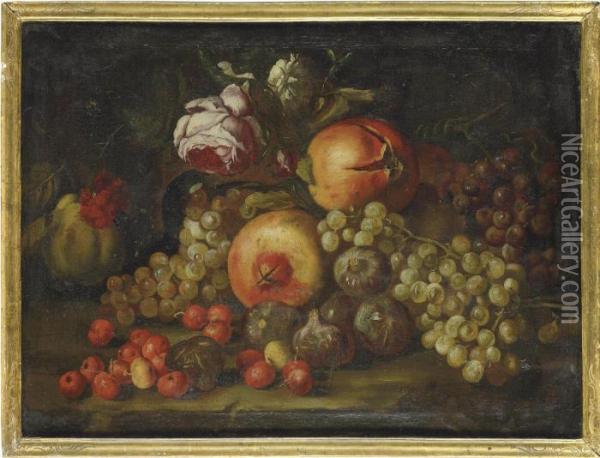 Pomegranates, Figs, Grapes, Roses And A Carnation On A Stone Ledge Oil Painting - Abraham Brueghel