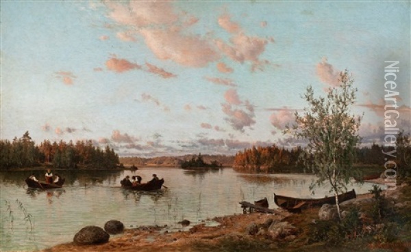 Riverbank At Sunset Oil Painting - Magnus Hjalmar Munsterhjelm