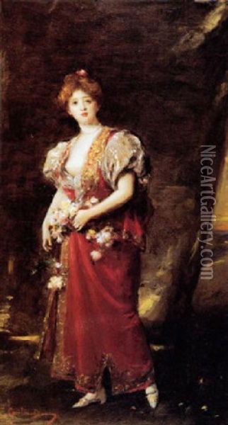Elegant Lady With Flowers Oil Painting -  Carolus-Duran