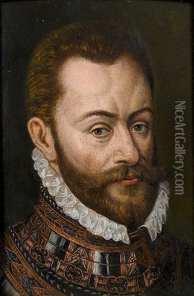 Portrait Of Phillip Ii Of Spain,
 Bust-length In Armour And A White Collar; And Portrait Of Ferdinand I, 
Bust-length, In Armour And A White Collar Oil Painting - Juan Pantoja de la Cruz
