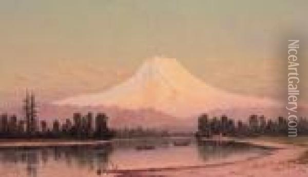 Sunset-mt. Tacoma From The Puyallup River, W.t. 1885 Oil Painting - James Everett Stuart