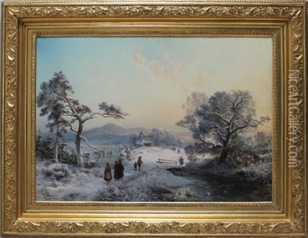 Winterlandschaft In Der Abendrote Mit Schlittschuhlaufern Und Wanderern Oil Painting - Carl Hilgers