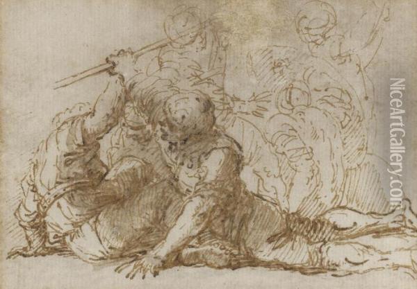 Two Soldiers Struggling Over A 
Spear, Another Man Protecting Himself With A Shield Beyond Oil Painting - Salvator Rosa