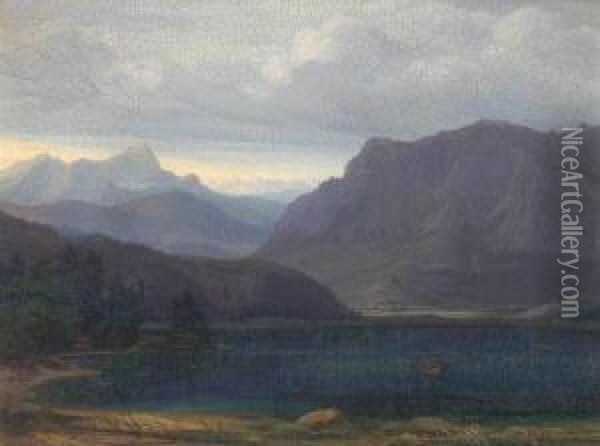 Blick Uber Einen See Mitruderboot In Alpiner Landschaft Mit Einem Dorf Am Anderen Ufer Oil Painting - Georg Haeselich