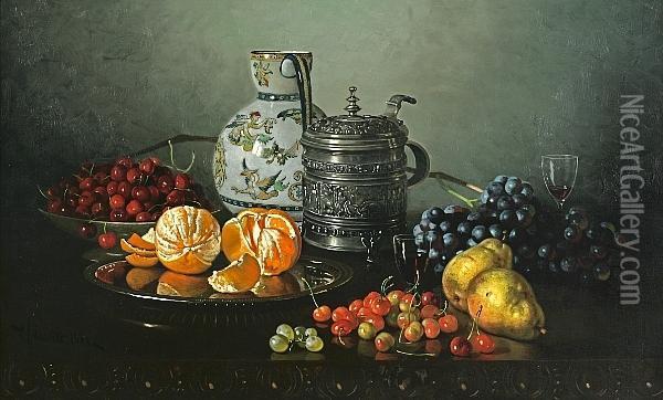 Still Life Of Cherries, Grapes, Oranges, Pears, A Vase And A Stein On A Table Oil Painting - Edward Chalmers Leavitt