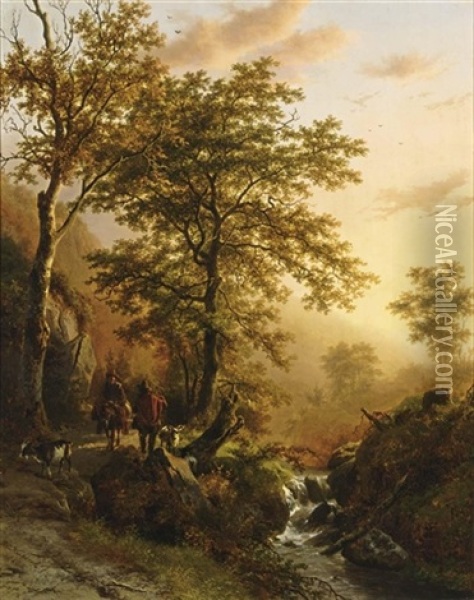 A Traveller And A Herdsman In A Mountainous Landscape Oil Painting - Barend Cornelis Koekkoek