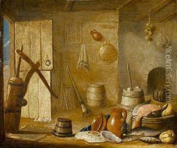 A Kitchen Interior With Dead Fish, Anearthenware Jug And Dishes Before A Fireplace Oil Painting - Harmen van Steenwyck