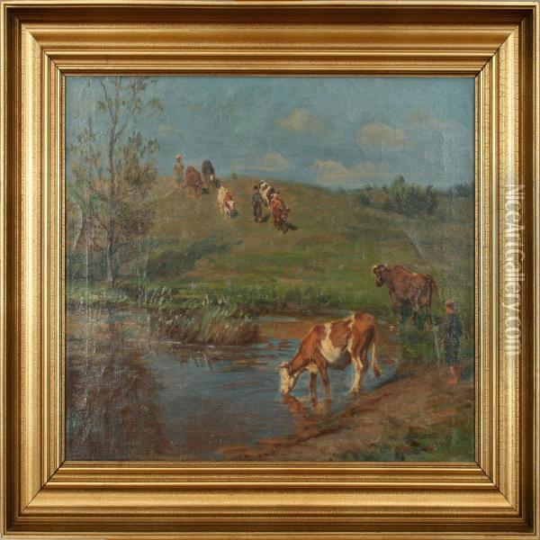 Scenery With Cows And Boys. Signed G. Rode Oil Painting - Gotfred Rode