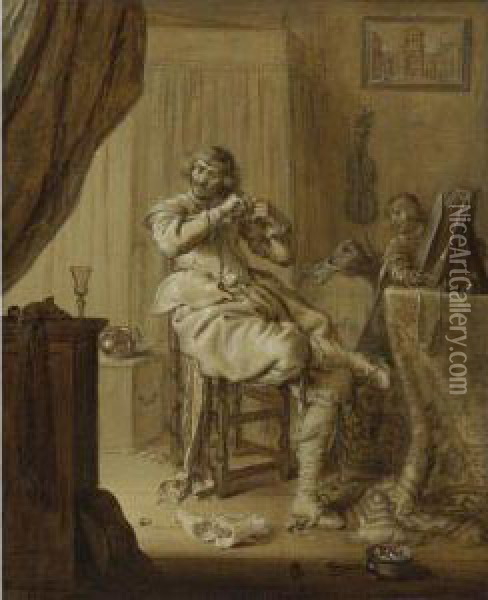 A Cavalier At His Toilet, Possibly A Self Portrait Oil Painting - Adriaen Pietersz. Van De Venne