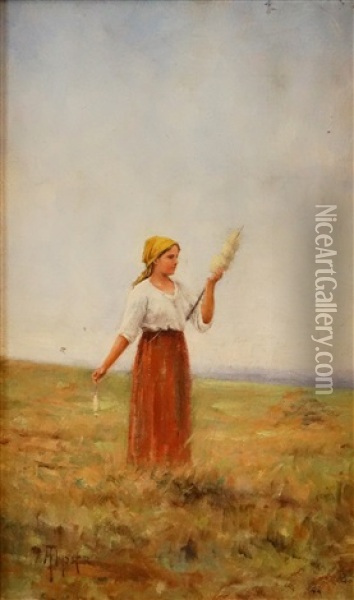 The Girl With Distaff Oil Painting - Juan (Alexandru Paraschivescu) Alpar