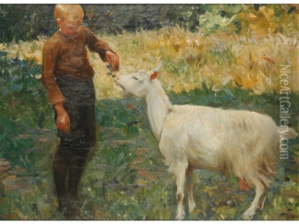 Boy With A Goat Oil Painting - Anton Hirschig