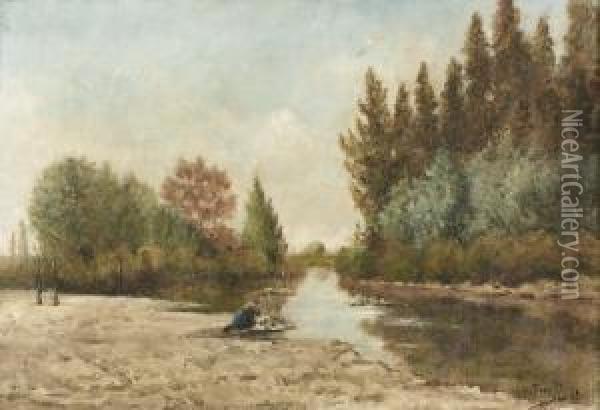 Flussuferpartie Mit Wascherin. Oil Painting - Henri Charles Trouville