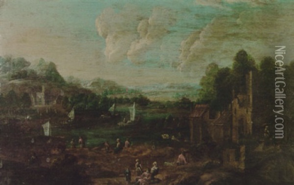 Figures Near Houses By A River Oil Painting - Adriaen Frans Boudewyns the Elder