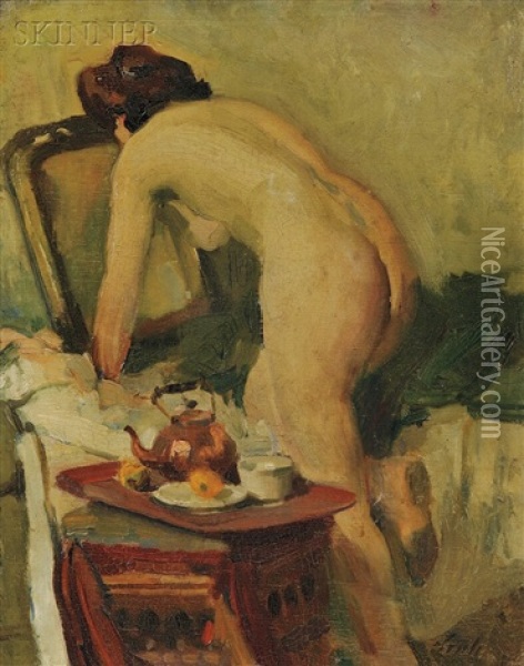 Portrait Of Nude At Her Vanity And Portrait Of A Peasant Woman (2 Works) Oil Painting - Peter Szuele