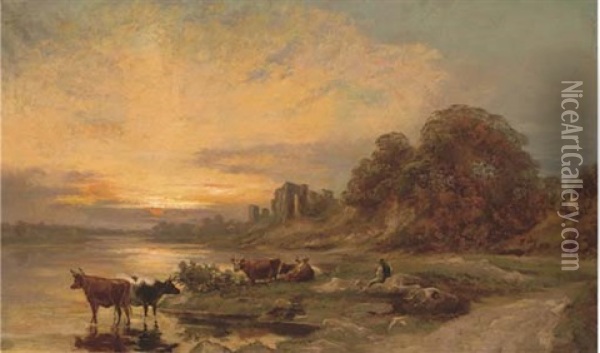 Cattle And A Herder By A River, With Ruins Beyond Oil Painting - James Francis Danby