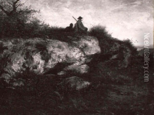 Felslandschaft Mit Rastendem Jager Und Hund (courbet Und    Sein Hund?)... Oil Painting - Gustave Courbet