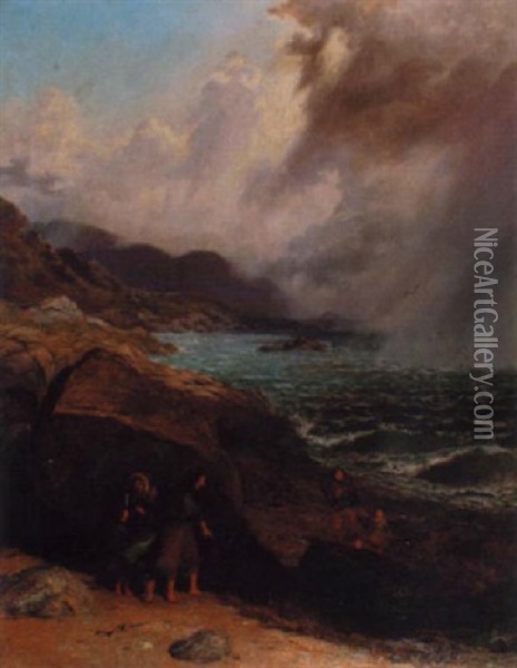 Figures Gathering Seaweed In A Stormy Costal Landscape Oil Painting - Thomas Rose Miles