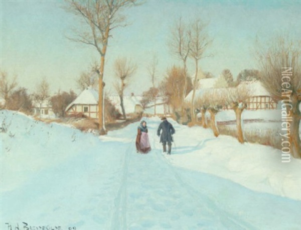 Vinterlandskab, De Gamle Far Sig En Snak Pa Vejen Oil Painting - Hans Andersen Brendekilde