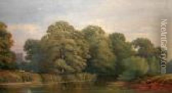 River Landscape With Church Tower In Background Oil Painting - Harry Sutton Palmer