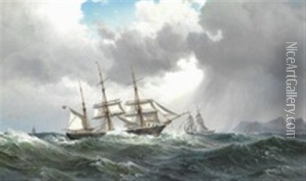 Sailing Ships In High Sea Off A Rocky Coast Oil Painting - Vilhelm Melbye