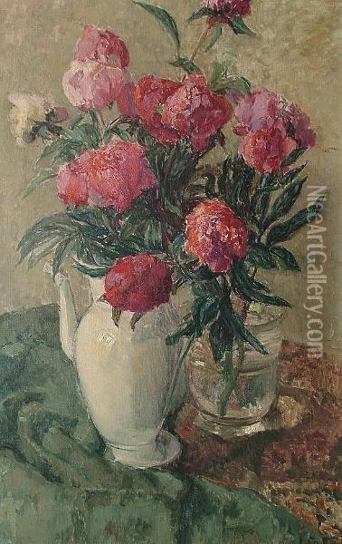 Still Life Of Flowers With White Jug And Glass Vase Oil Painting - Louise Coupe