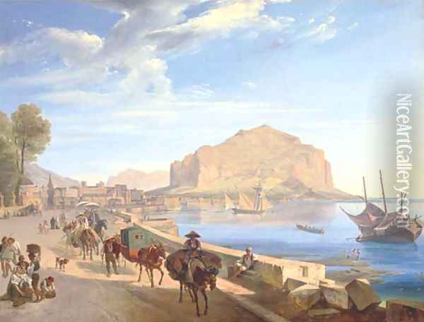 Tourists on the harbour front in Palermo, Monte Pellegrino beyond Oil Painting - Franz Ludwig Catel