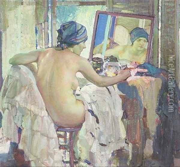 Reflections At The Dressing Table Oil Painting - Richard Edward Miller