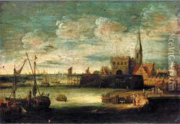 A Port Scene With Figures On A Quay Oil Painting - Pieter Gysels